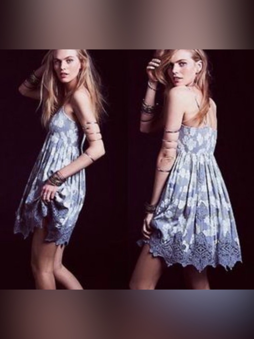 Free People Light Blue Floral Lace-Trim Mini Dress